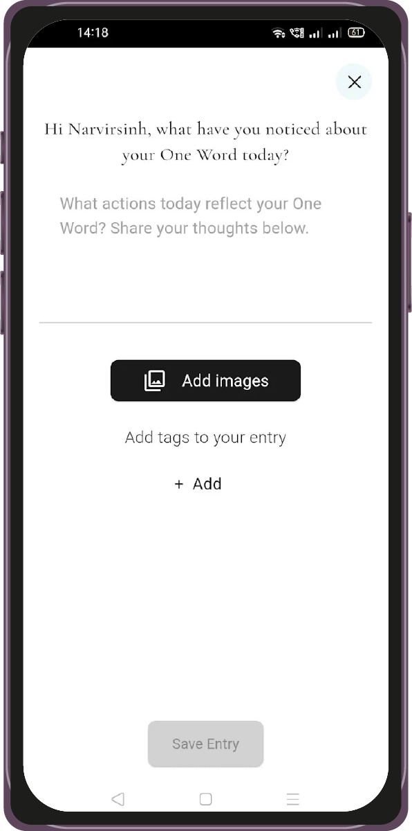 Mirror app daily entry screen with image and tag attachments