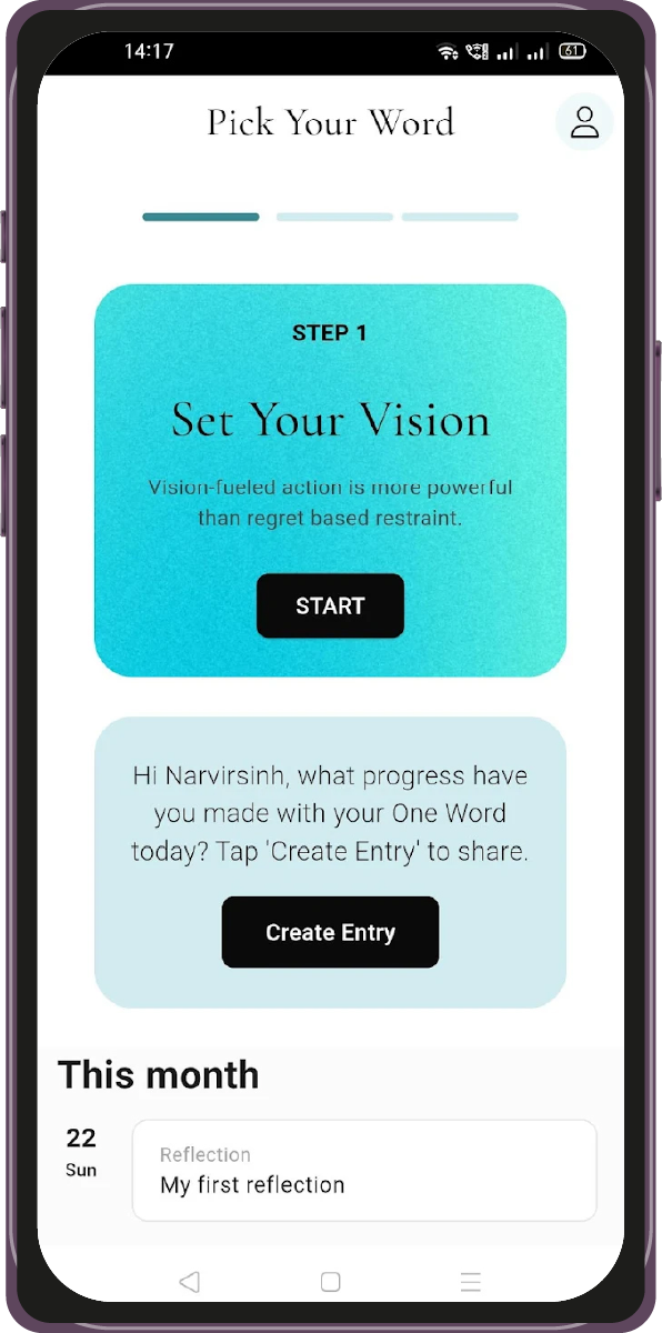 Mirror app home screen with step progress and recent reflections